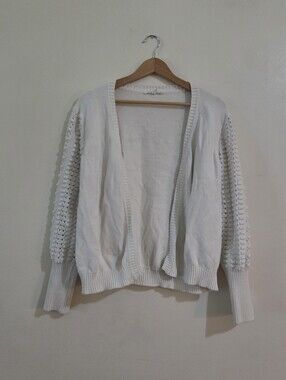 100% Cotton White Knit Cardigan with Textured Sleeves